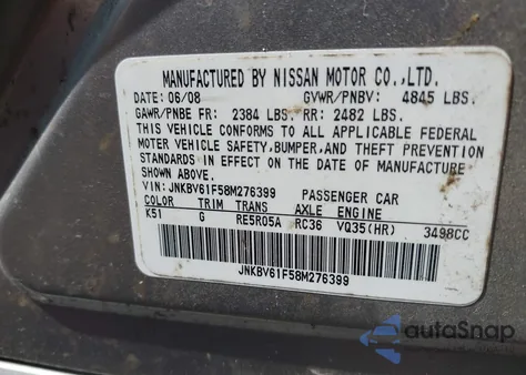 2008 Infiniti G35X from USA, damaged, VIN JNKBV61F58M276399